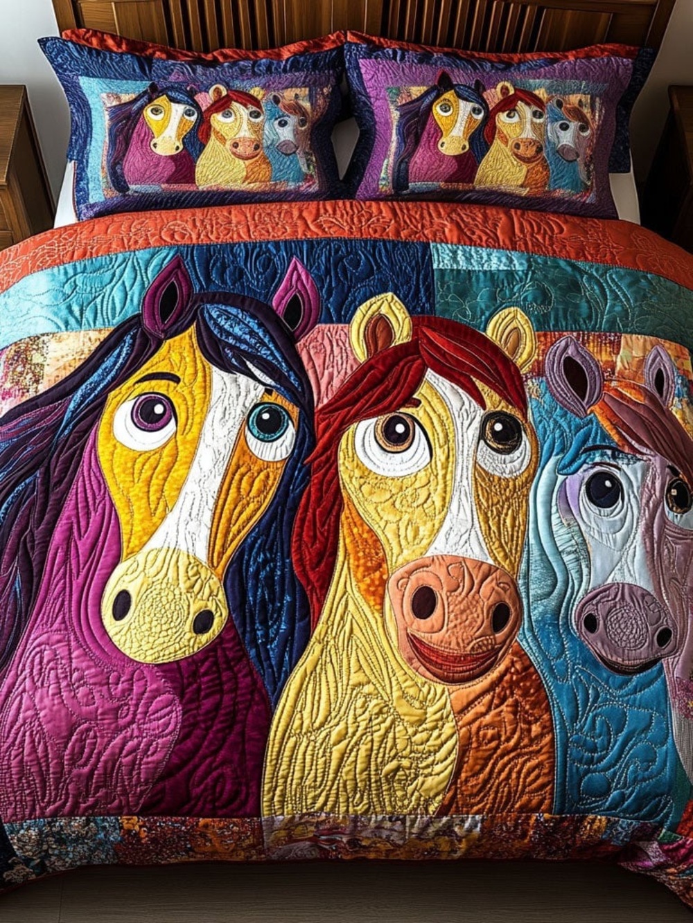 Colorful Horse Quilted Queen Comforter Set - Vibrant Multi-Color